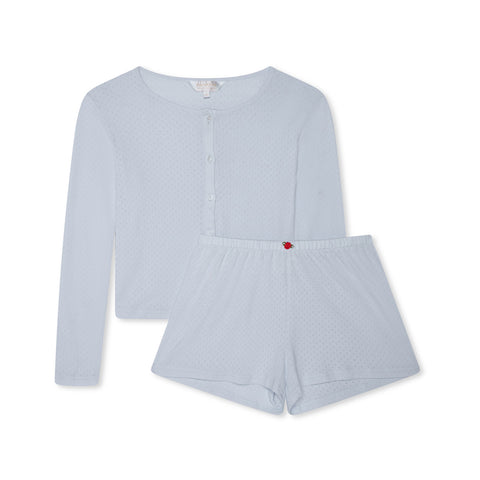 Pointelle Cardigan and Short Set- Baby Blue/Red